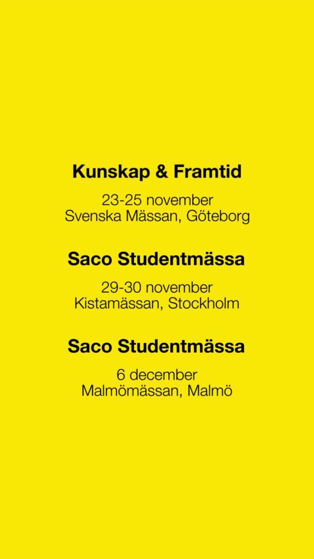 Nästa vecka är det äntligen dags för oss att åka ut på mässturné! Under de närmsta veckorna kan du träffa våra studenter och studievägledare i Göteborg, Stockholm och Malmö för att prata framtid och studentliv 🤩

Läs mer om mässorna vi kommer besöka via länken i vår bio!