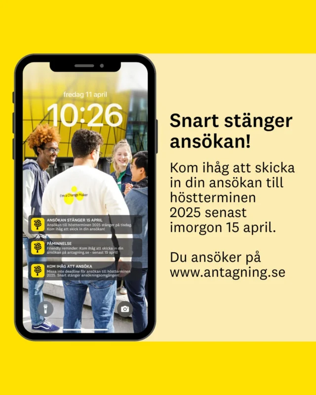 Har du inte hunnit skicka in din ansökan inför höstterminen 2025 än? Här kommer en friendly reminder om att imorgon är sista dagen för just det! 💛 #pluggapålnu #thechangemakers #linneuniversitetet