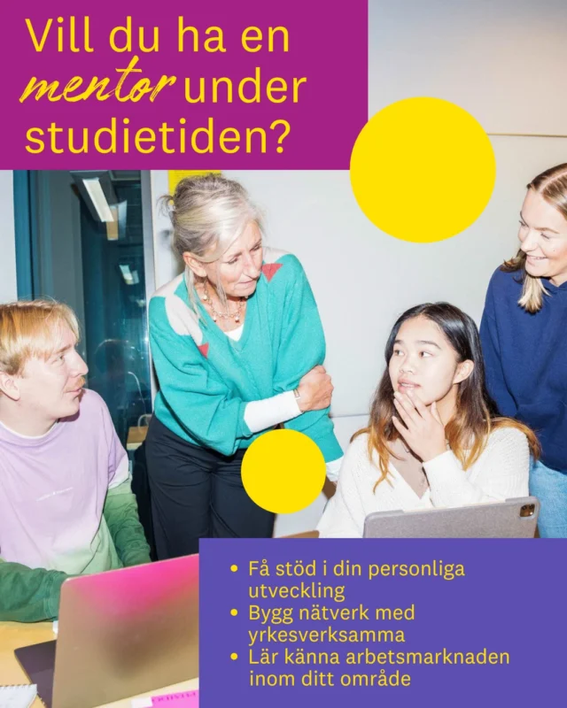 Vill du få bättre koll på arbetslivet, bredda ditt nätverk och få stöd i din personliga utveckling? Då kan Linnéuniversitetets mentorprogram vara något för dig.

Som student får du en egen mentor från arbetslivet – någon att bolla tankar med, som delar sina erfarenheter och hjälper dig att växa i din yrkesroll.

Du och din mentor träffas regelbundet under två terminer. Fokus ligger på att stärka dig inför framtiden – inte att söka jobb, utan att bygga långsiktiga förutsättningar.
💬 ”Att ha en mentor har gett mig nya perspektiv – både på mig själv och på vad jag vill göra efter examen.”

Mentorprogrammet riktar sig till dig som studerat minst två terminer och är registrerad student vid Linnéuniversitetet. Läs mer och ansök på Lnu.se!