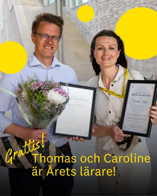 Årets lärare 2025 på Linnéuniversitetet är utsedda! 💛

Vi gratulerar Thomas Näsström, lärare i biokemi och farmakologi, och Caroline Falck, lärare i juridik, till utmärkelsen Årets lärare – framröstade av studenterna via Linnékåren.

Studenternas motiveringar vittnar om pedagogisk skicklighet, engagemang och en genuin vilja att bidra till lärande och trygghet i utbildningen.

Thomas: "Att höra studenternas perspektiv på ens arbete är otroligt hedrande."
Caroline: "Den finaste utmärkelsen man kan få – från studenterna själva."

Tack för ert viktiga arbete – ni gör skillnad. 🌟