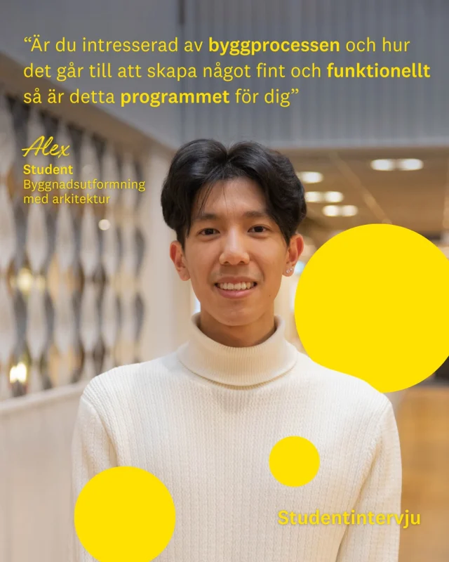 🏗️✨“Jag har alltid haft ett brett intresse inom bygg.”

Det som började med ett garageprojekt hemma blev starten på Alex resa inom byggnadsutformning. På Linnéuniversitetet får han kombinera kreativitet, teknik och problemlösning i en utbildning där teori och beräkningar varvas med praktiska uppgifter 📐📊

Med en studiemiljö där det alltid händer något på campus 🎓 och en utbildning som uppmuntrar egna idéer och lösningar 💡 känner Alex att han valt rätt väg.