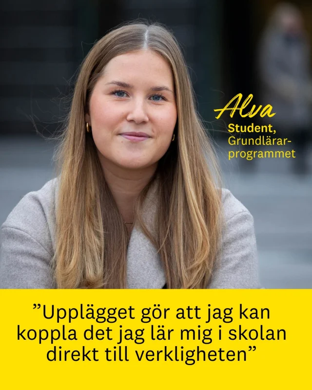 Är du nyfiken på en utbildning där teori och praktik går hand i hand?

För Alva var valet enkelt. Hon valde att läsa Grundlärarprogrammet med inriktning mot arbete i fritidshem vid Linnéuniversitetet.
– Jag har enbart positiva erfarenheter av arbetet i fritidshem. Yrket är brett och varierande och erbjuder nya utmaningar varje dag. 

Det bästa med utbildningen? Enligt Alva är det variationen mellan föreläsningar, seminarier, workshops och praktik. Det gör det lättare att koppla det man lär sig till verkligheten redan under studietiden.

✨ Genom verksamhetsintegrerade dagar och praktik har hon fått erfarenheter som gett både kunskap och trygghet inför arbetslivet.
– Upplägget gör att jag kan koppla det jag lär mig i skolan direkt till verkligheten, vilket jag tycker är väldigt värdefullt.

Och studentlivet? I Kalmar finns plats för både studier, vänner och fritid.
– Man kan verkligen leva ett typiskt studentliv med allt vad det innebär, men om man vill ha lite lugnare och mer egen tid finns också den möjligheten.

👉 Läs hela intervjun med Alva och om utbildningen på Lnu.se ✨