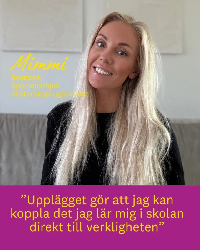 Funderar du på nästa steg i din karriär som sjuksköterska? Eller är du nyfiken på hur det är att vidareutbilda sig till specialistsjuksköterska inom intensivvård?

Efter många år inom akutsjukvården började Mimmi fundera på nästa steg i yrkeslivet. Hon ville fördjupa sina kunskaper, utvecklas i sin roll som sjuksköterska och få en större förståelse för vården av de allra sjukaste patienterna.

Det ledde henne till Specialistsjuksköterskeprogrammet med inriktning intensivvård vid Linnéuniversitetet, som hon läser på distans från Ystad.

Under utbildningen har hon fått kombinera teori med praktiska moment och klinisk träning. Särskilt uppskattar hon de tillfällen då kunskaperna får omsättas i verklighetsnära situationer.

– Jag tycker att den kliniska examinationen på KTC, Kliniskt träningscenter, är riktigt rolig. Lärarna gör ett fantastiskt jobb och upplägget är både praktiskt och lärorikt, säger Mimmi.

Utbildningen har gett henne nya perspektiv på omvårdnad och förberett henne för arbetet inom intensivvården.